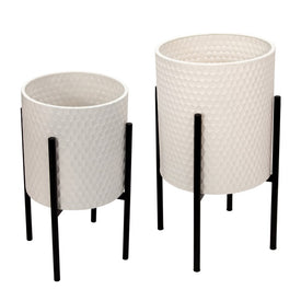 Honeycomb Planters on Metal Stands Set of 2 - White/Black