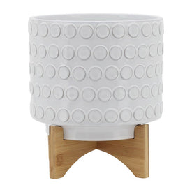 10" Spotted Ceramic Planter on Wooden Stand - Ivory