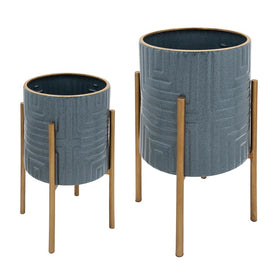 Geometric Lines Planters on Metal Stands Set of 2 - Slate Blue/Gold