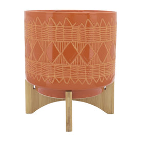 10" Aztec Ceramic Planter on Wooden Stand - Orange