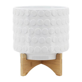 10" Spotted Ceramic Planter on Wooden Stand - White