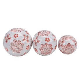 4"/5"/6" Ceramic Lotus Orbs Set of 3 -White/Red