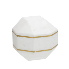 6" Marble Octagon Orb with Gold Metal Inlay - White