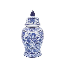 14" Ceramic Elephant Temple Jar - White/Blue