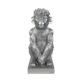 14" Polyresin Monkey Figurine with Flower Crown - Silver