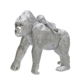 Polyresin 8" Gorilla with Baby Figurine - Silver
