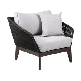 Athos Indoor Outdoor Club Chair in Dark Eucalyptus Wood with Latte Rope and Gray Cushions