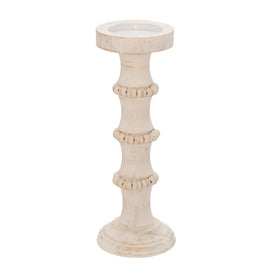 14" Banded Bead Wood Candle Holder - White
