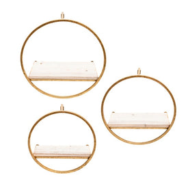 Round Metal and Wood Wall Shelves Set of 3 - Gold/White