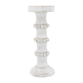 13" Banded Bead Wood Candle Holder - White