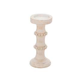 11" Banded Bead Wood Candle Holder - White
