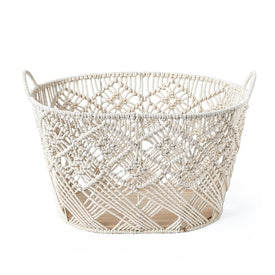 Macrame Oval Cotton Rope Storage Bins with Handles and Wood Base Set of 3