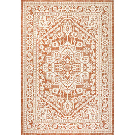 Sinjuri Medallion Textured Weave 144" L x 108" W Indoor/Outdoor Area Rug - Orange/Cream