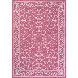 Charleston Vintage Filigree Textured Weave 91" L x 63" W Indoor/Outdoor Area Rug - Fuchsia/Light Gray