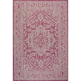 Sinjuri Medallion Textured Weave 91" L x 63" W Indoor/Outdoor Area Rug - Fuchsia/Light Gray