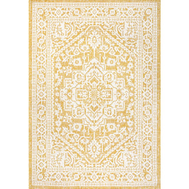 Sinjuri Medallion Textured Weave 91" L x 63" W Indoor/Outdoor Area Rug - Yellow/Cream