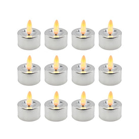 Battery-Operated 3D Wick Flame LED Tealight Candles Set of 12 - Silver
