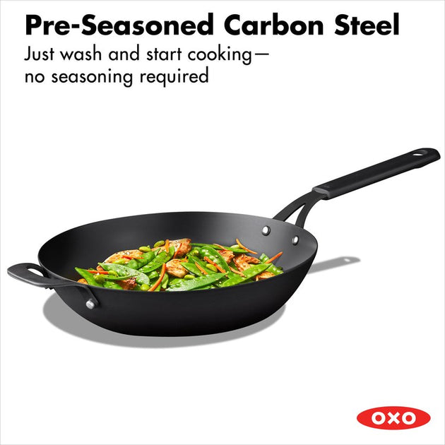 OXO Obsidian Carbon Steel 8 Fry Pan with Silicone Sleeve Black