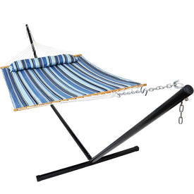 Quilted Fabric Two-Person Freestanding Hammock with Detachable Pillow and Stand - Misty Beach