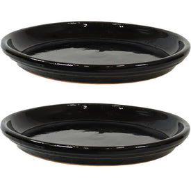 12" Outdoor/Indoor High-Fired Glazed Ceramic Flower Pot Saucers Set of 2 - Obsidian