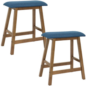 Wooden Backless Indoor Counter-Height Stools Set of 2 - Weathered Oak Finish with Blue Cushions