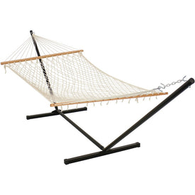 Cotton Rope Outdoor Hammock with Unfinished Wood Spreader Bars and Black Steel Tri-Beam Stand