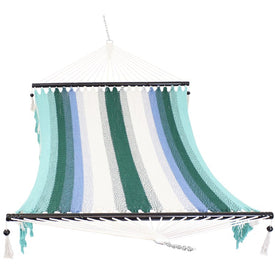 Heavy-Duty Woven Polyester Two-Person Hammock with Crocheted Edges and Wooden Spreader Bars - Lagoon Stripes