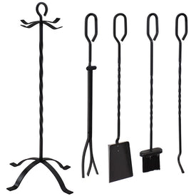 Five-Piece Steel Fireplace Tool Set with Stand - Black