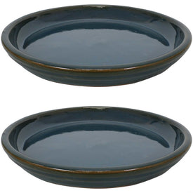 12" Outdoor/Indoor High-Fired Glazed Ceramic Flower Pot Saucers Set of 2 - Forest Lake Green