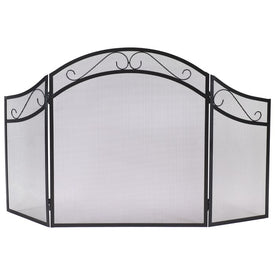 Folding Three-Panel Steel Fireplace Screen with Elegant Scroll Design - Black