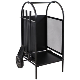 Four-Piece Indoor/Outdoor Steel Log Holder with Fireplace Tool Set - Black
