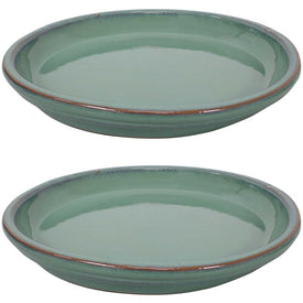 12" Outdoor/Indoor High-Fired Glazed Ceramic Flower Pot Saucers Set of 2 - Seafoam