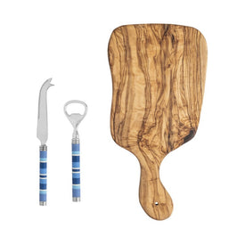 Jubilee Cheese Knife, Bottle Opener and Olivewood Board Set - Shades of Denim