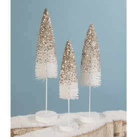 Platinum Glitter Flocked Bottle Brush Trees Set of 3