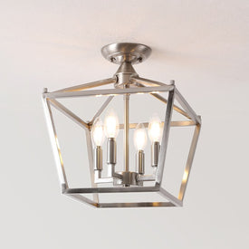 Plains Mini Lantern 12" Four-Light Iron LED Flush Mount Ceiling Fixture - Nickel