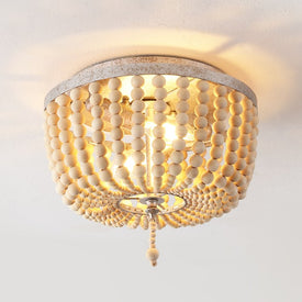 Allison 10" Two-Light Wood Beaded LED Flush Mount Ceiling Fixture - Antique Silver/Cream