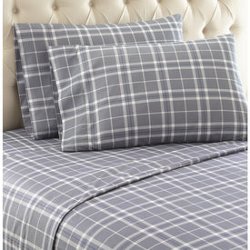 Micro Flannel Printed Deep-Pocket Sheet Set - King/Carlton Plaid Gray