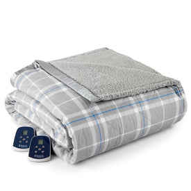 The Modern Micro Flannel Reverse to Sherpa Electric Blanket - Queen/Carlton Plaid Gray