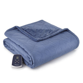 The Premier Micro Flannel Reverse to Ultra Velvet Heated Throw - Indigo/Indigo