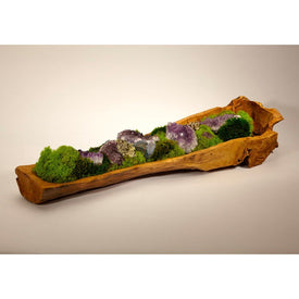Organic Moss Garden with Amethyst Geode in Hand-Carved Wood Log