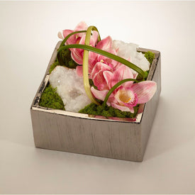 Pink Orchids with Moroccan Geode in Silver Square Container