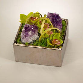 Green Orchids with Amethyst Geode in Silver Square Container