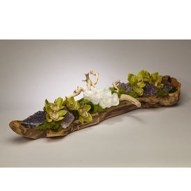 White Preserved Roses and Amethyst in Elongated Wood Log