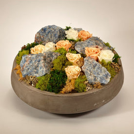 Preserved Roses with Blue Calcite Geode in Large Concrete Bowl