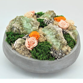 Preserved Roses with Green Calcite Geode in Large Concrete Bowl