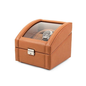 Leather Two-Watch Winder with Glass Top and Locking Clasp - Tan