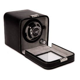 James Leather Single-Watch Winder with See-thru Glass Door and Locking Clasp - Black