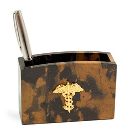 Tiger Eye Marble Pen Cup with Gold-Plated Accents and Medical Emblem