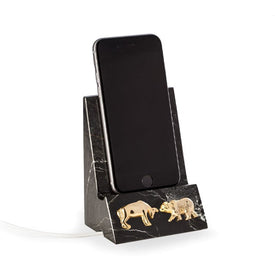Black Zebra Marble Phone/Tablet Cradle w/ Pass-Thru Hole for Charging Cable and Stock Market Emblem