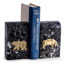 Black Zebra Marble Dome Bookends with Antique Gold-Plated Stock Market Emblem Set of 2